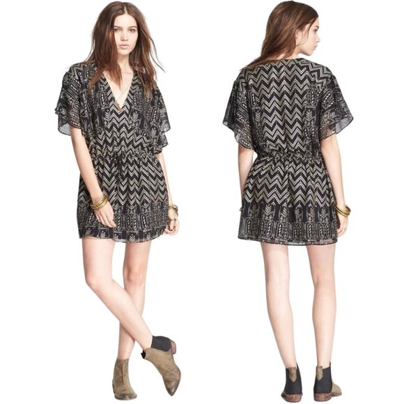 Free People Love Your Chaos Mini Dress Womens Medium Black Gold Drop Waist Tunic - Picture 1 of 15